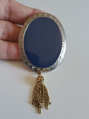 Antique Germany Oval Navy Blue Mirror Pendant with Gold Tassel Brooch